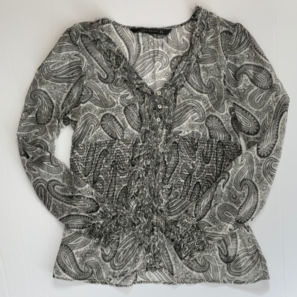 Zara Woman Top Black White Paisley Silk Small